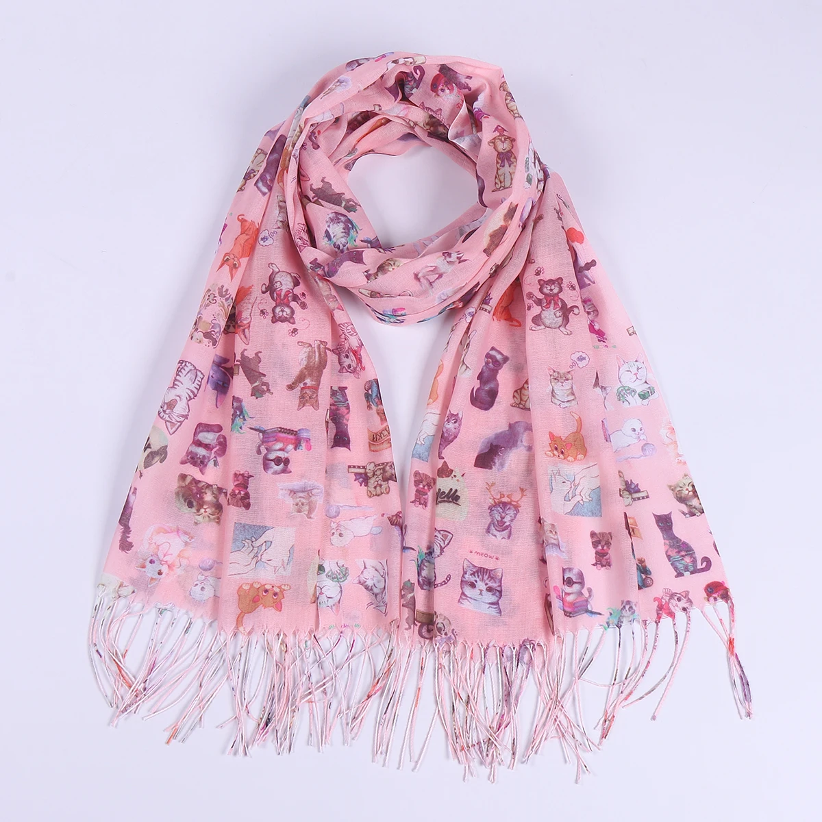 A cartoon animal digital print thin sun protection long tassel decorative scarf shawl