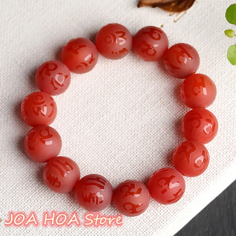 Natural Red-Onyx Black Onyx Lettering Six Words Mantra Proverbs Bracelet 6-16mm Single Loop Hand String Bangles Handring Jewelry