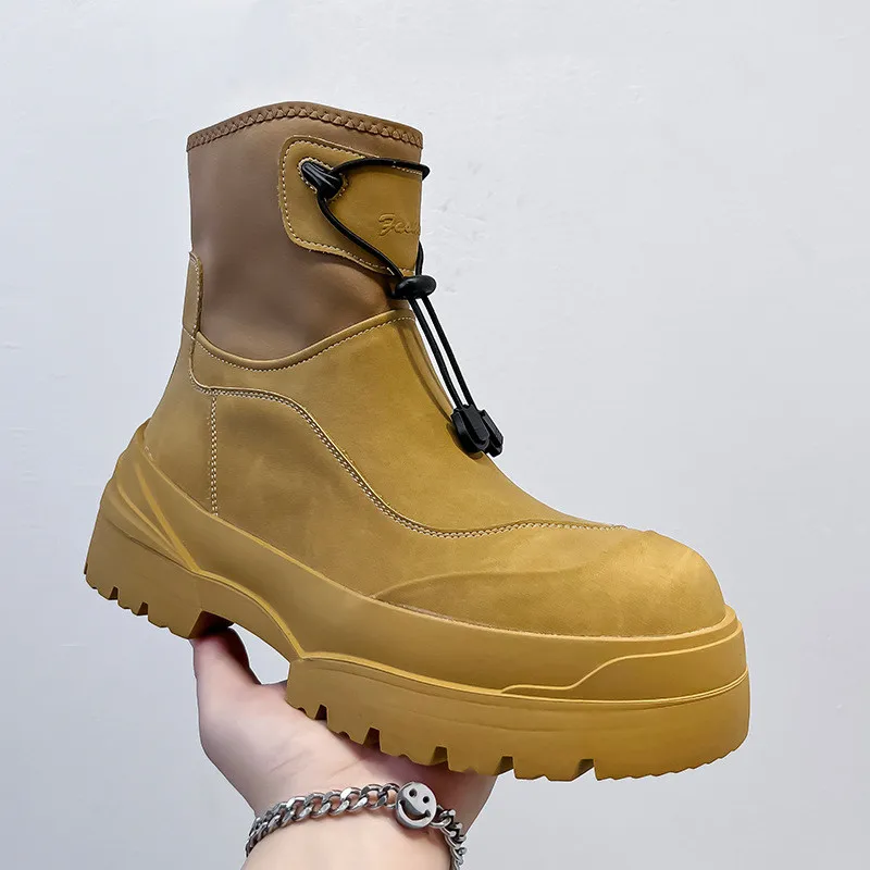 Korean style mens fashion genuine leather boots black tide platform shoes handsome cowboy ankle boot spring autumn botas hombre