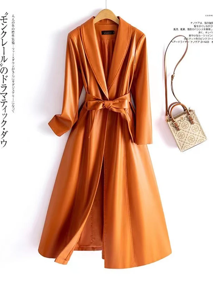 เสื้อโค้ทหนังทรงเข้ารูปความยาวปานกลางสำหรับผู้หญิง คอลเลคชั่นฤดูใบไม้ร่วง-ฤดูหนาว ปี 2025  แบรนด์ Haifeng ผลิตจากหนังแกะแท้ ป้องกันลม  สำหรับสวมใส่เป็นเสื้อนอก