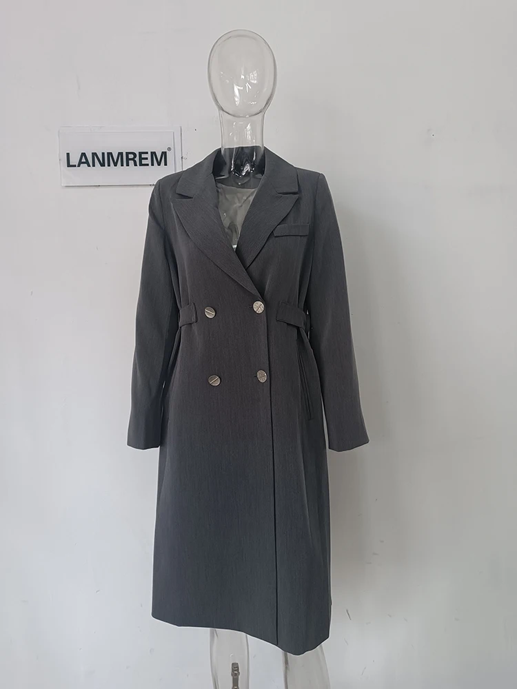 LANMREM Long Blazer Coat Women Notched Collar Double Breasted Gathered Waist Gray Color Fashion Clothes 2024 Autumn New 2DA5304