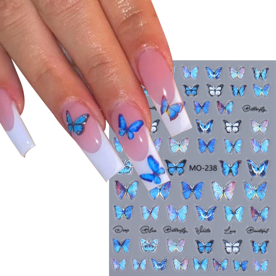 5D Blue Butterfly Nail Sticker Fashion Kawaii Butterfly Self-Adhesive Manicure Decal Slider DIY Nail Supplies Charms Decorations