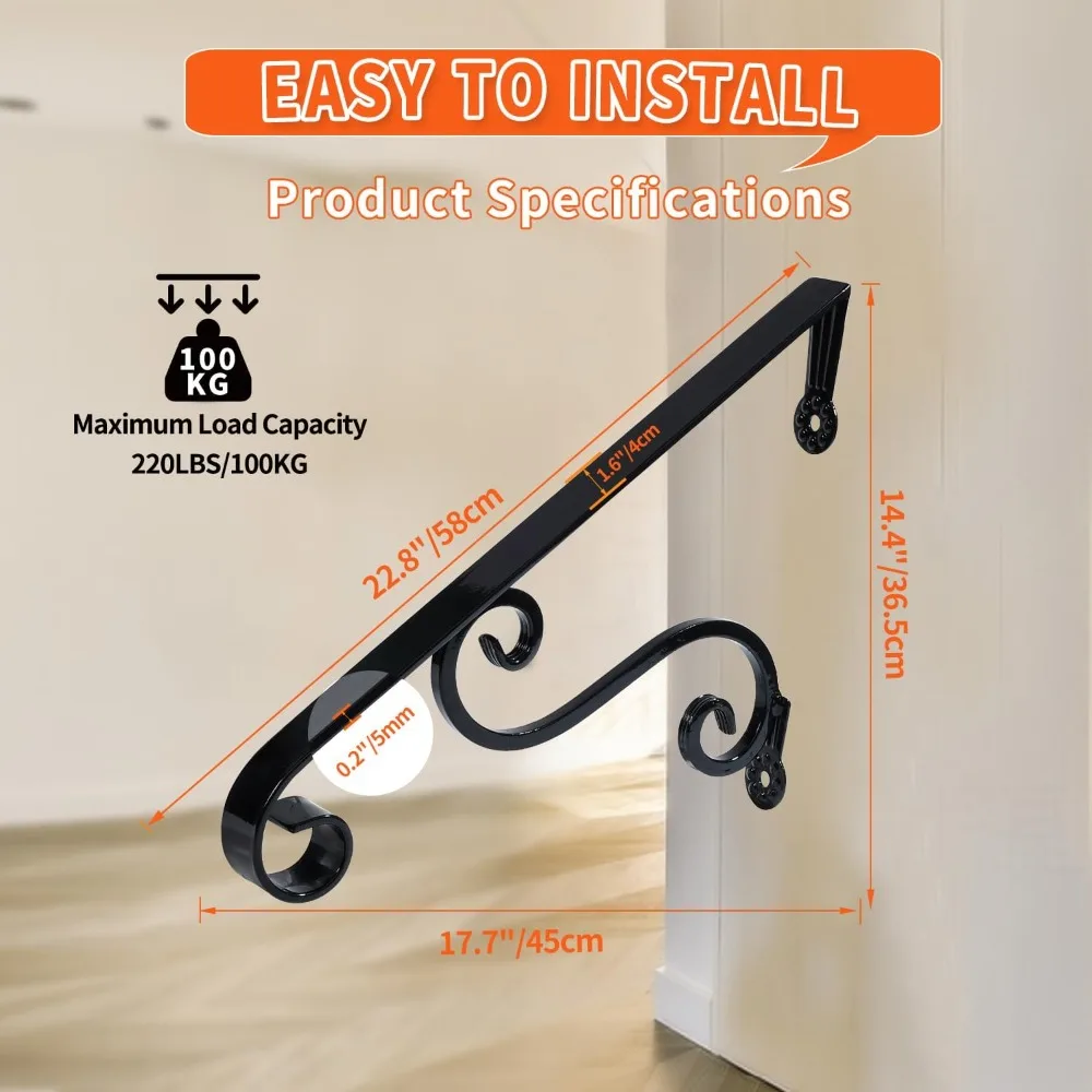 درابزين الشرفة من الحديد المطاوع باللون الأسود لخطوات 1-2، درابزين آخر واحد، 22.8 × 14.4، سكة إمساك آمنة للدرج، مستلزمات الدرج الخارجية #5