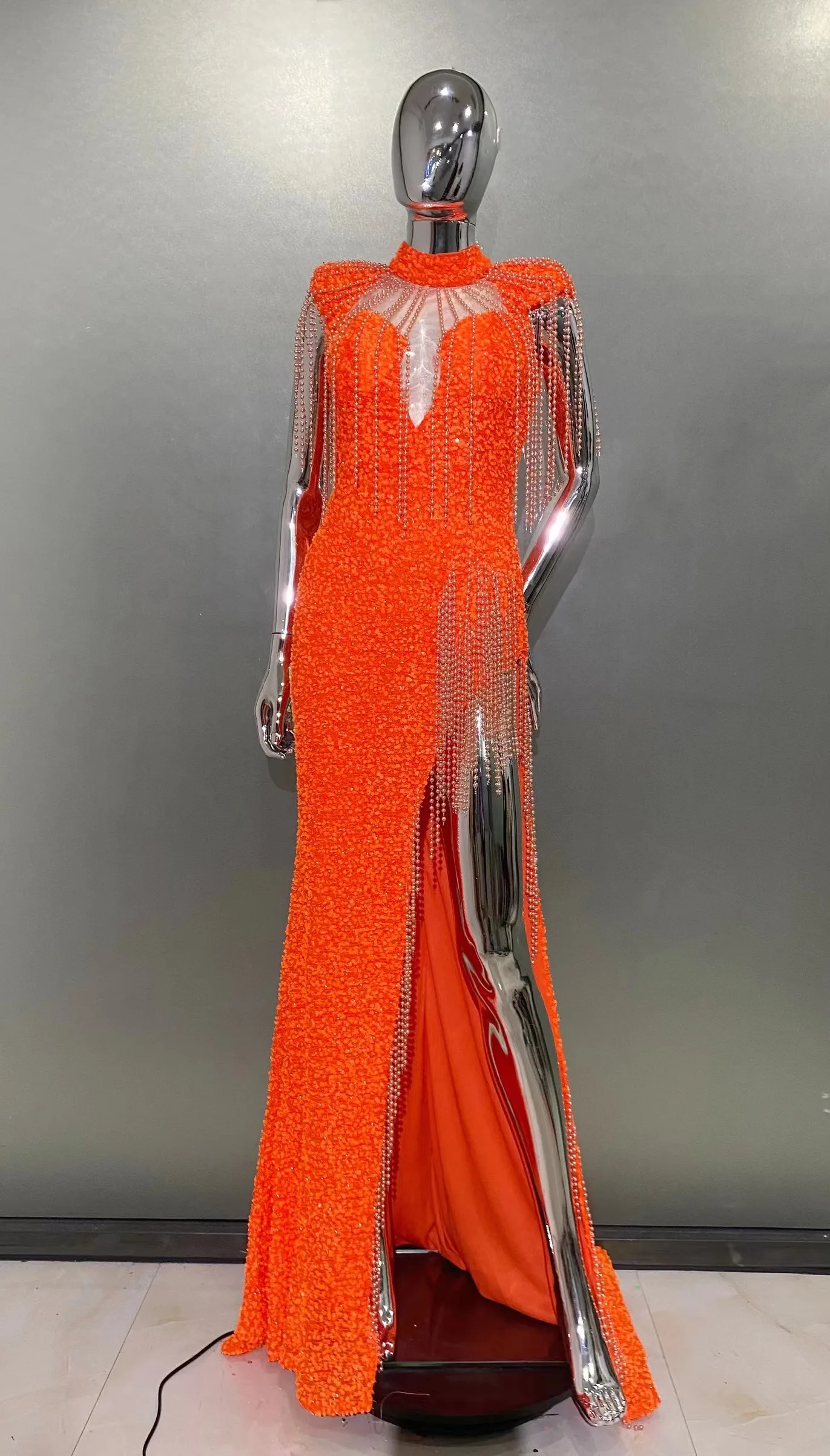 Women Luxury Sexy Short Sleeve Mesh Sequins Orange Maxi Long Dress 2024 Elegant Party Evening Stage Performance Dress Vestido