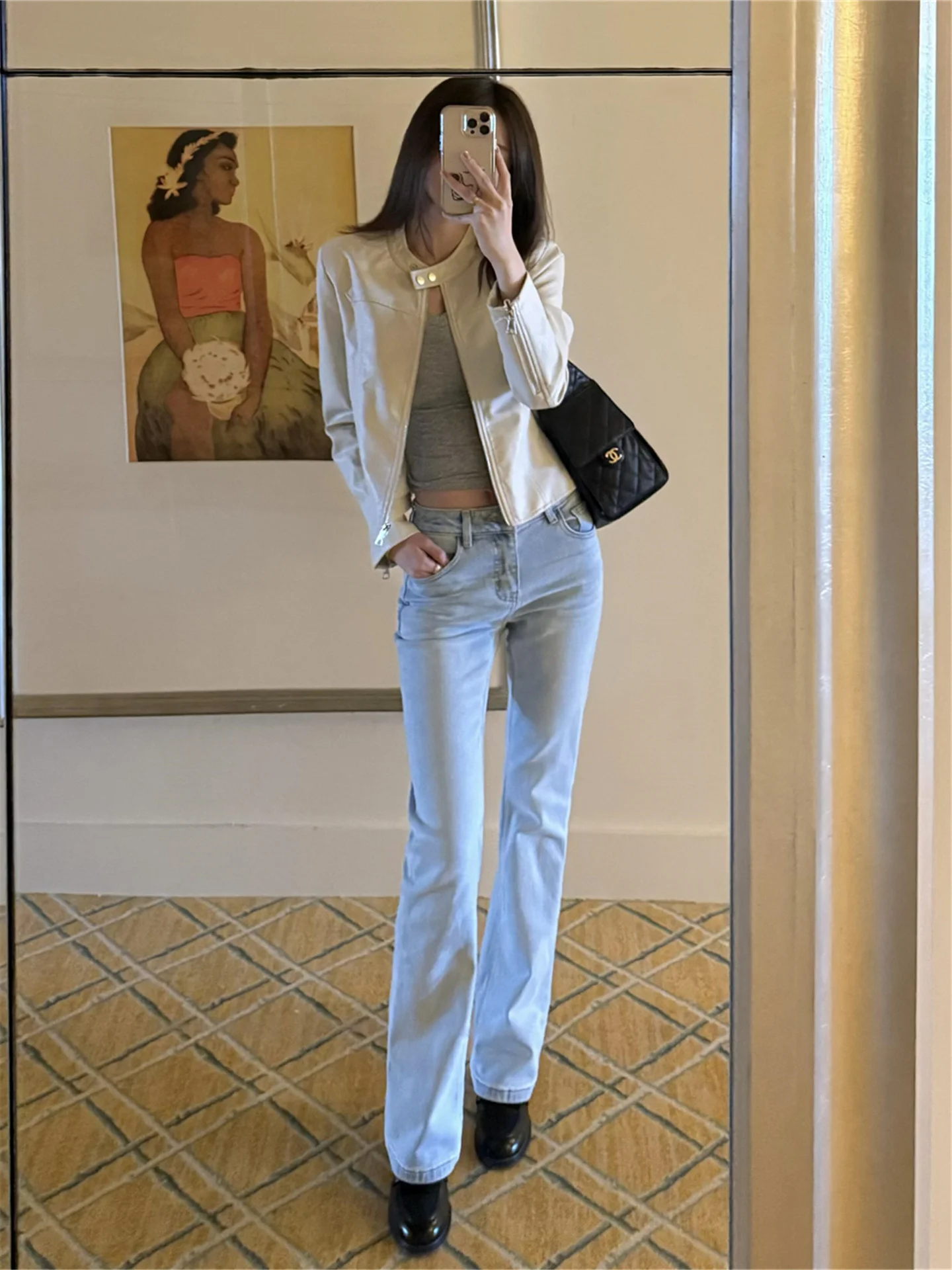 

Retro American Light Blue Bell Bottom Jeans Women's High Waist Slim Fit Elastic Butt Lifting Floor Length Pants Casual Cotton