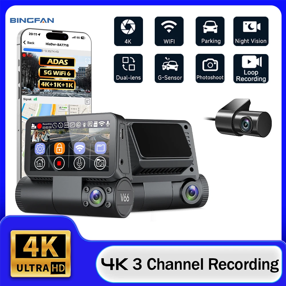 4k Dashcam with Wifi Gps ADAS Car Dvr 3 Camera 4k Dash Cam 3 Lens Front and Rear Inside 3 Channel Dash DVR Camera Recorder