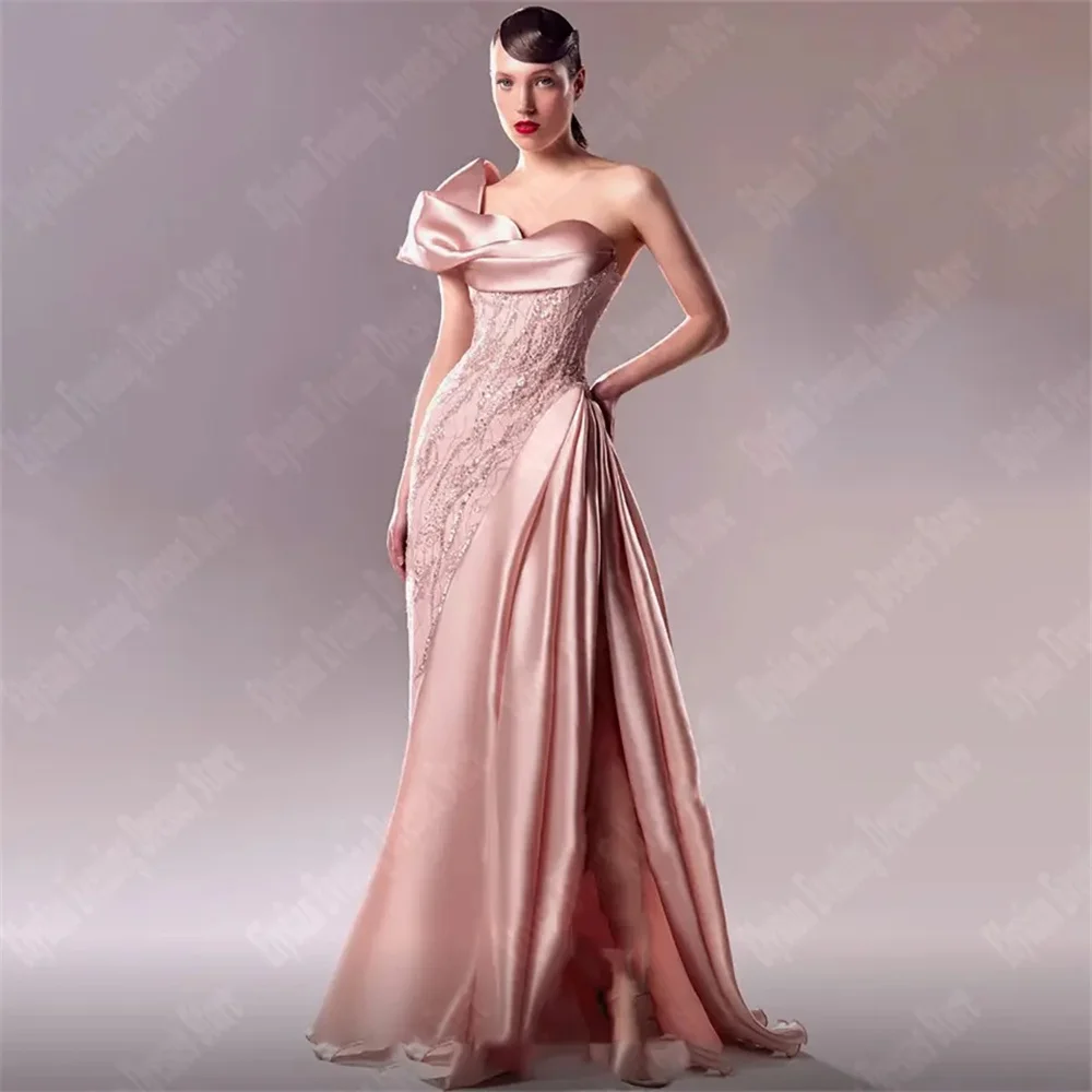 

Dusty Pink Sequin Evening Dresses One Shoulder Gorgeous Prom Dress Satin Formal Occasion Wedding Party Gown Robe Soiree