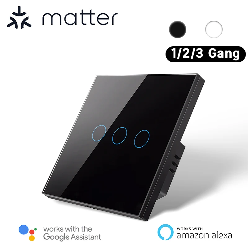 

Умный переключатель Matter, нейтральный провод/без нейтрального провода, 1/2/3-бандовый сенсорный настенный выключатель, работа с Homekit Alexa Google Home