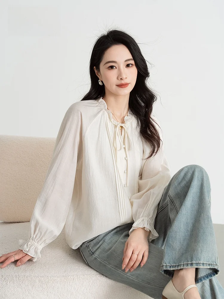 

fanniy Long Sve irt Women's Spring New Stand Collar Button Detail Ear Look Inner Wear Top Faion French Sle Loose Fit