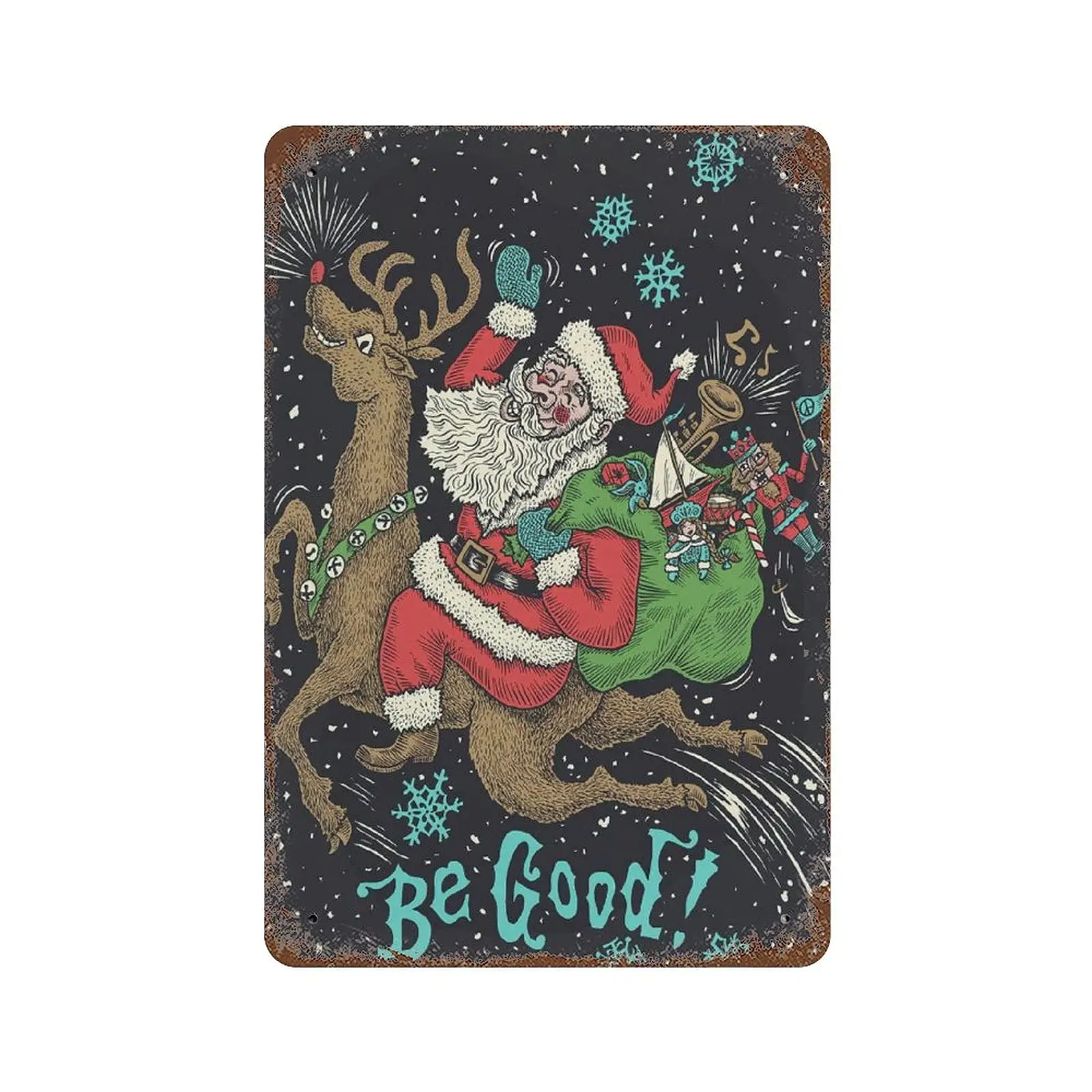 Dreacoss Santa Be Good Tin Sign，Santa Claus and Rudolph Flying in A Snowy Night Sky -Retro Style Metal Sign-Novelty Poster -Home