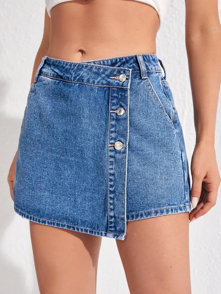 

Blue Casual Wrap Denim Shorts With Button Closure For Women