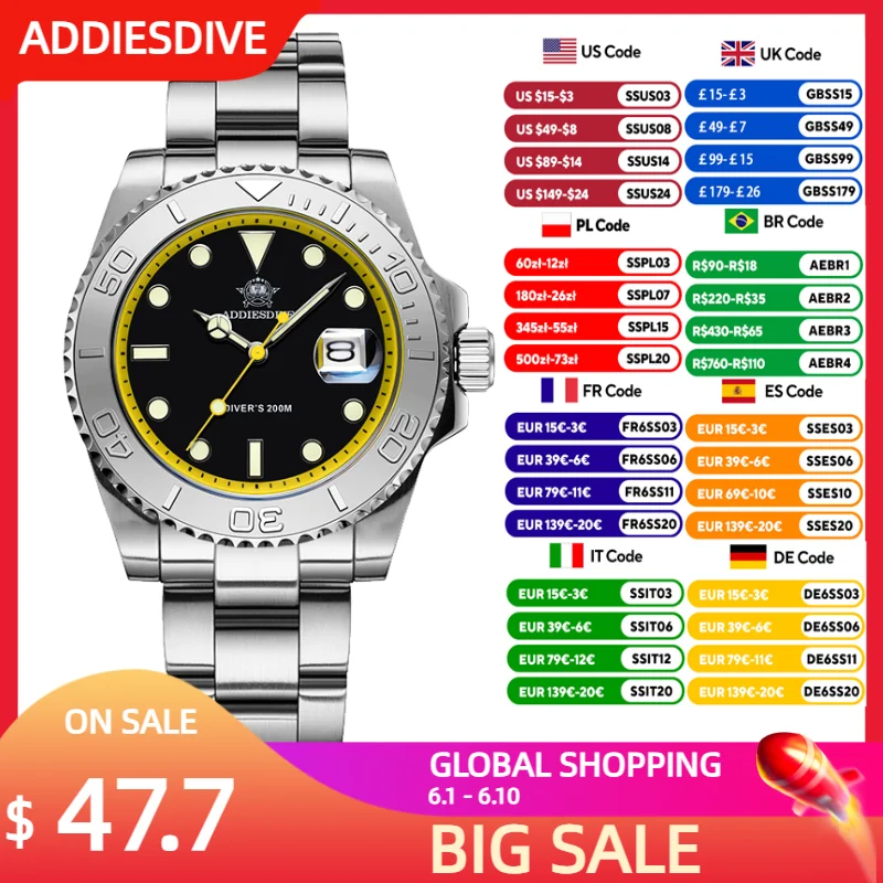 

ADDIESDIVE Japan 2115 Quartz Watch For Men 200m Waterproof 316 Stainless Steel Diving Watches Ceramic Bezel BWG9 Super Luminous