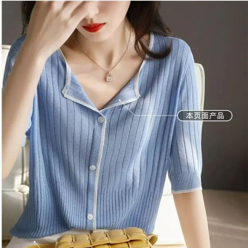 Women Clothing Fashion All-match Vertical Grain Patchwork Cardigan Summer Casual Loose V-neck Short Sleeve Top Chic Solid Tshirt