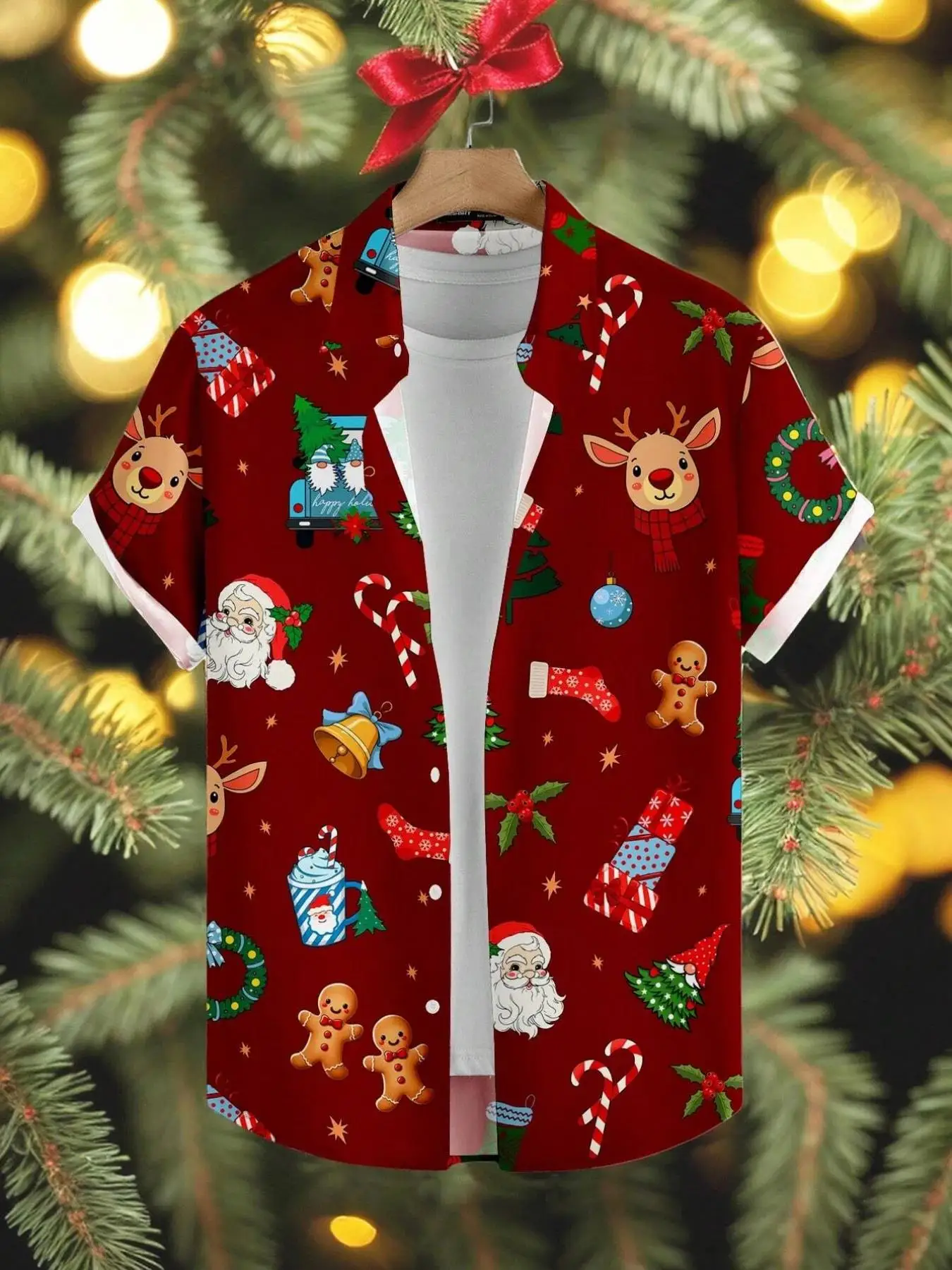 Men Christmas Element Print Hawaiian Shirt Turndown Collar Funny Family Festival Shirts Short Sleeve Casual Tops Mens Clothing