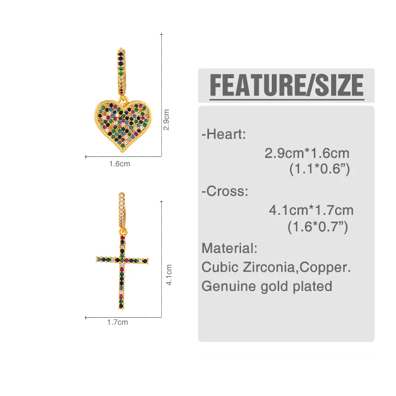 FLOLA Gold Plated Hoops Rainbow Cross Earrings for Women Copper Zircon Heart Earrings Crystal Jewelry pendientes arcoiris ersr30