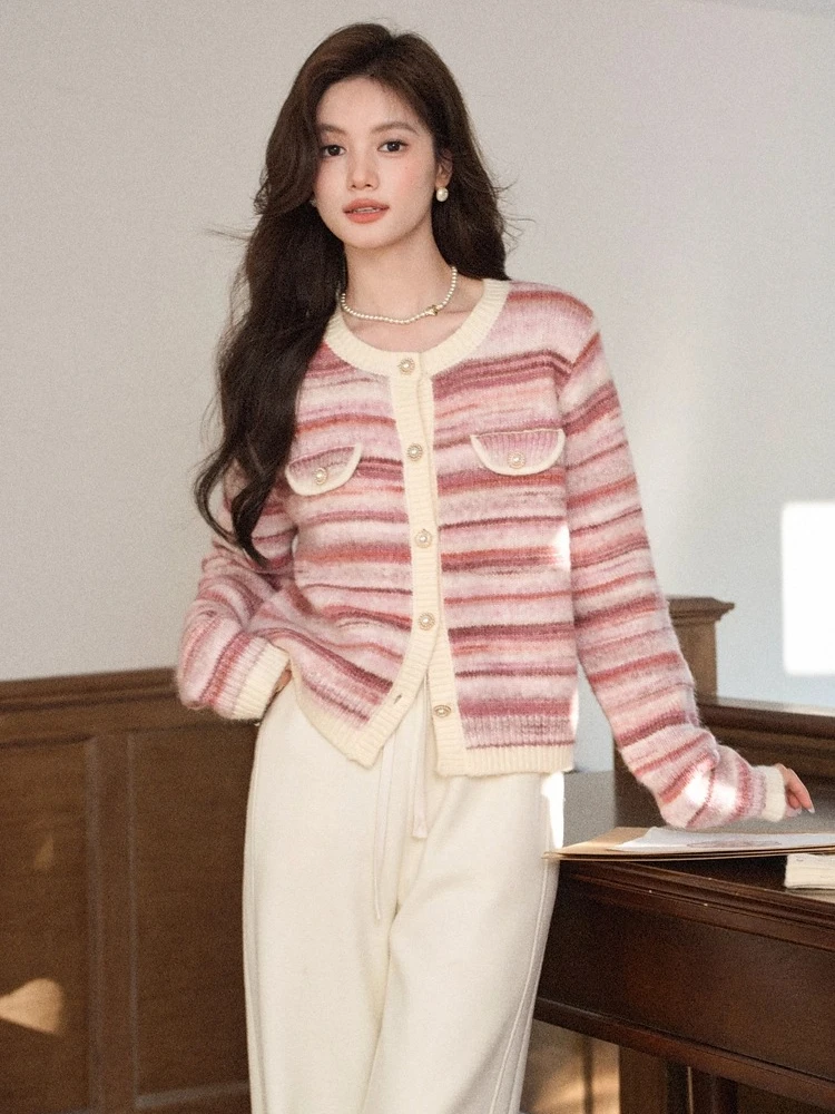 

ALXNAN женский свитер в полоску с круглым вырезом, вязаные кардиганы с обычными плечами, осенние мягкие повседневные элегантные топы с длинными рукавами L57955