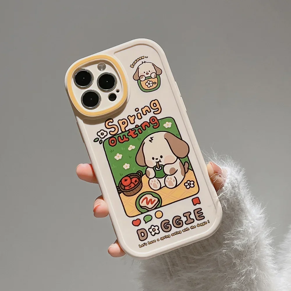 Retro spring picnic puppy dog art Kawaii Phone Case For iPhone 16 15 14 13 11 12 Pro Max 14 Plus XR Xs 15 Plus Case Cute Cover