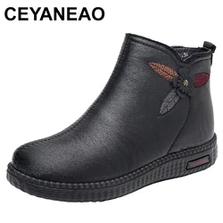 Fashion Winter Boots Women Genuine Leather Flat Ankle Boots Mother Black Cotton Shoes Women Warm Fur Casual Woman Snow Boots