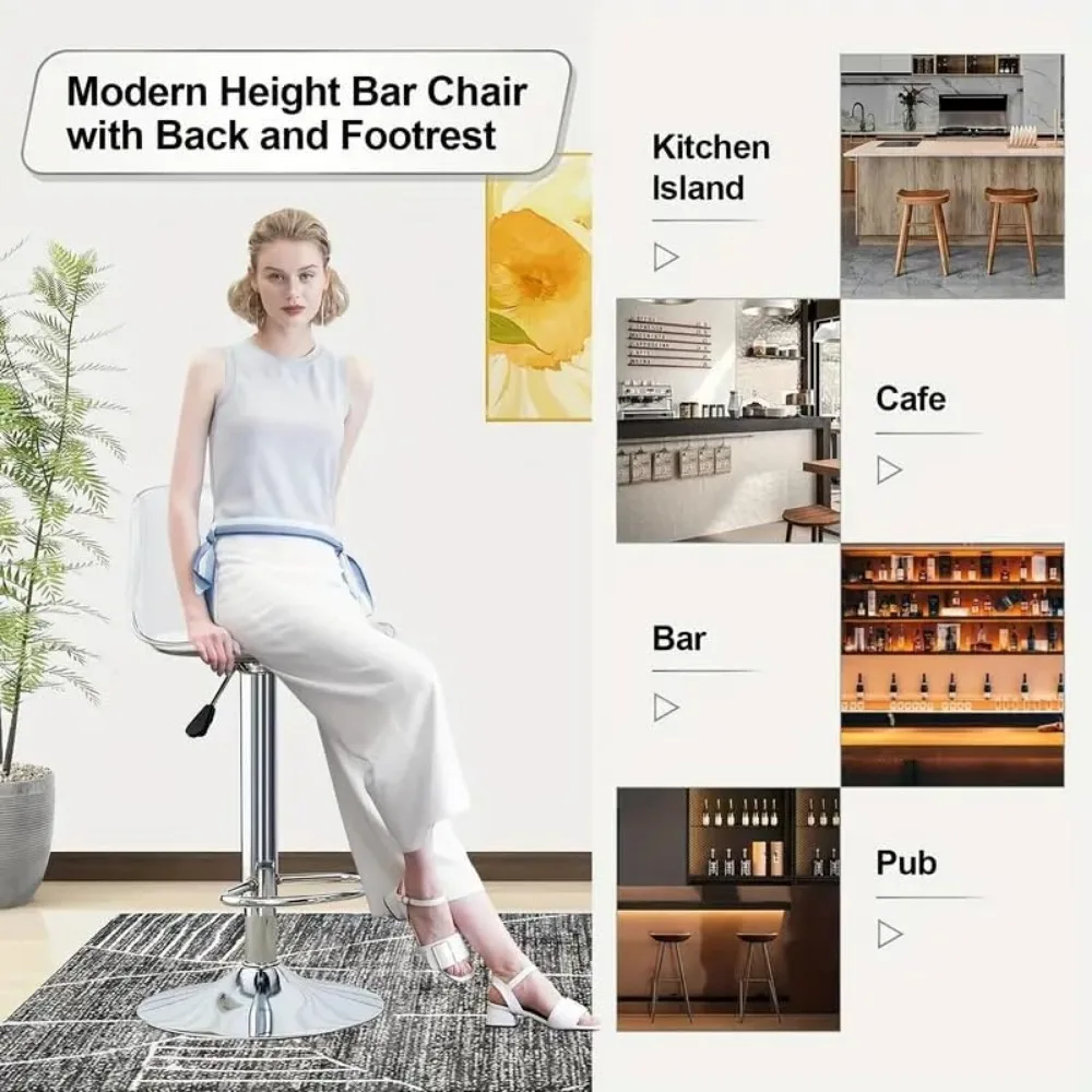 Taburetes de bar Juego de 4, taburetes de bar giratorios ajustables de cuero Pu taburete de bar de altura de mostrador de cocina taburete de bar transparente con ergonomía respaldo