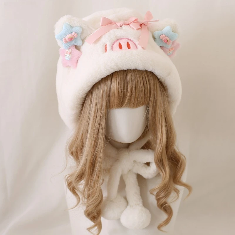 Pequeño cerdo suave lindo dulce lindo otoño e invierno hecho a mano Baotou sombrero versátil Lolita felpa olla sombrero