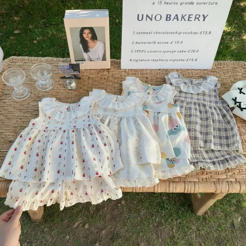 

Two-Piece Set Sleeveless Princess Dress with Floral Print, Summer Thin Outfit for Baby Girls Baby Girl Cute Floral Skirt