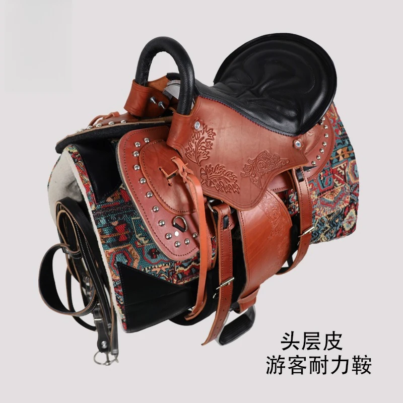 Head leather endurance pommel horse with cowhide saddle full set of accessories carved saddle protection equestrian supplies