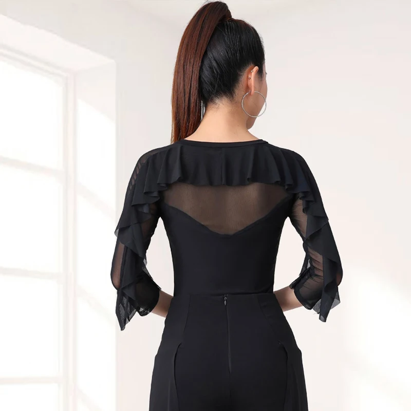 Haut de danse de salle de bal noir à manches à volants pour femmes, Rumba Tango, haut de danse moderne pour adultes, vêtements d'entraînement de danse latine DW10814