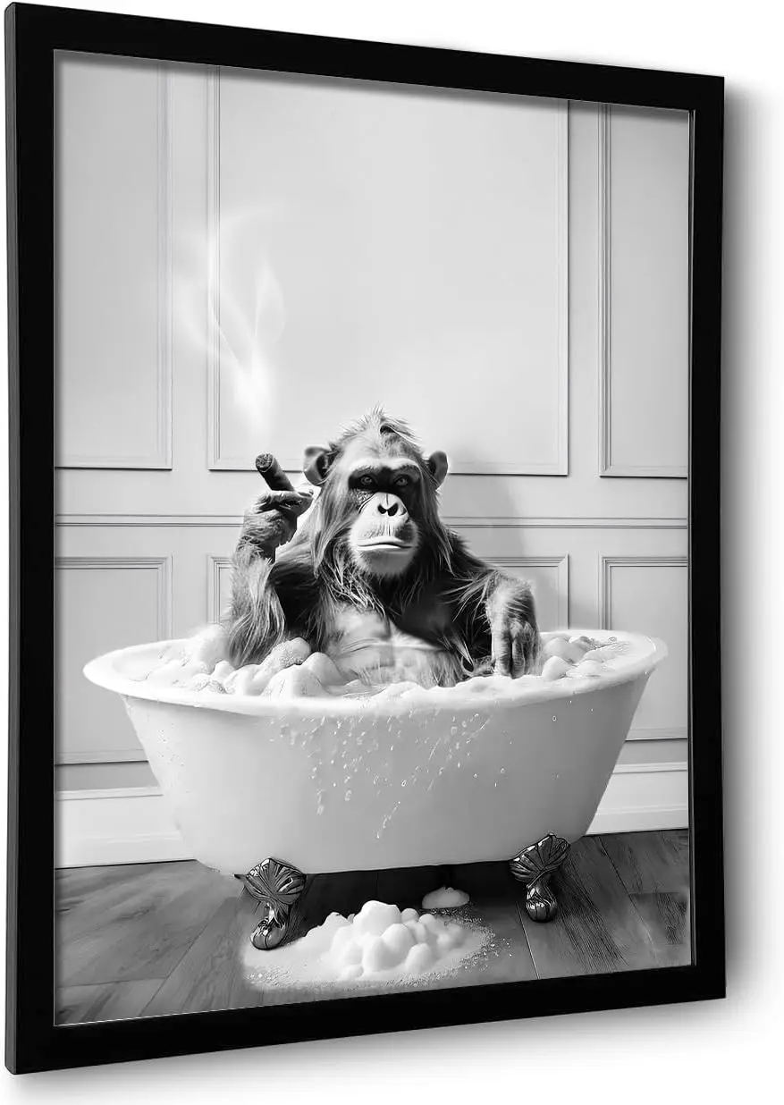 Funny Monkey Bath Tub Canvas Print, Black White Chimp Smoking Cigar Art, Unique Humorous Bathroom Wall Decor
