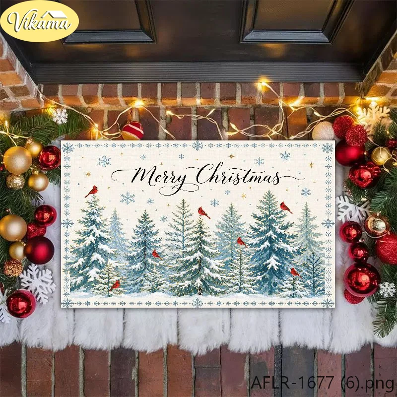 VIKAMA Nordic Pine Tree Welcome Mat Snowy Pine Cardinal Non Slip Washable Entrance Mat Indoor Outdoor 2027 Christmas Home Decor