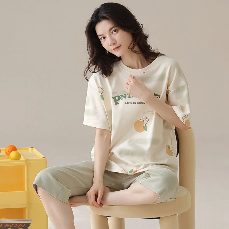 

Лето 2025 г., пижамные комплекты из 100% хлопка с короткими рукавами и принтом до икры для женщин, корейская свободная одежда для сна, пижамы, домашняя одежда, домашняя одежда