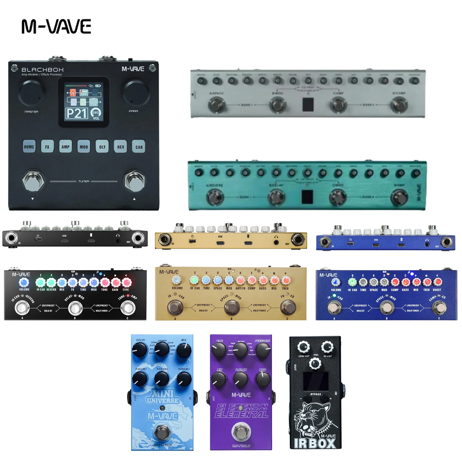 M-VAVE Guitar Bass Effects Pedal Blackbox, Tank-g, Tank-b, IRbox, MINI-UNIVERSE, Elemental, Cube Baby, Baby Bass, Baby AC