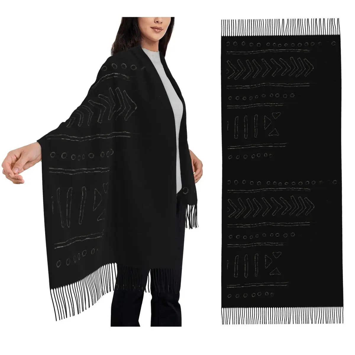 

African Mud Cloth Black And White Scarf Tassel Scarves Women Soft Warm Shawls and Wraps Long Fall Winter Shawl Wrap