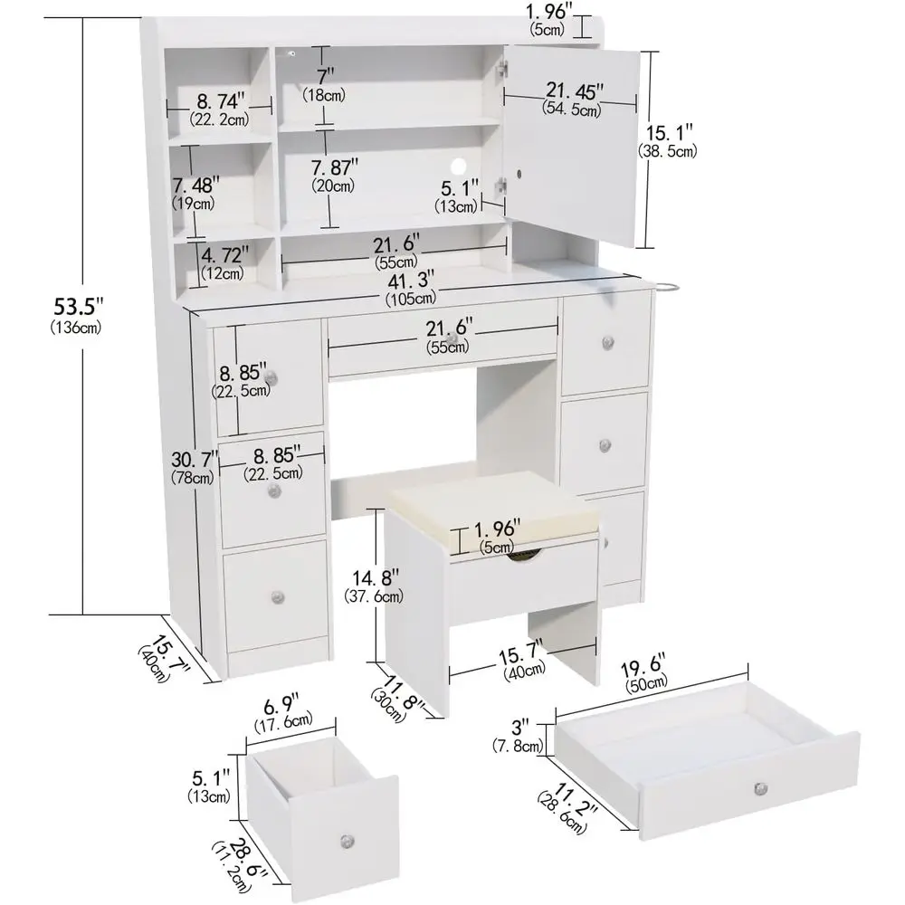 DAFIFY Mirror & LED Lights Desk with Power Outlet, Dimmable Lighting, 7 Drawers & Storage, Padded Stool - Bedroom Dressing Room