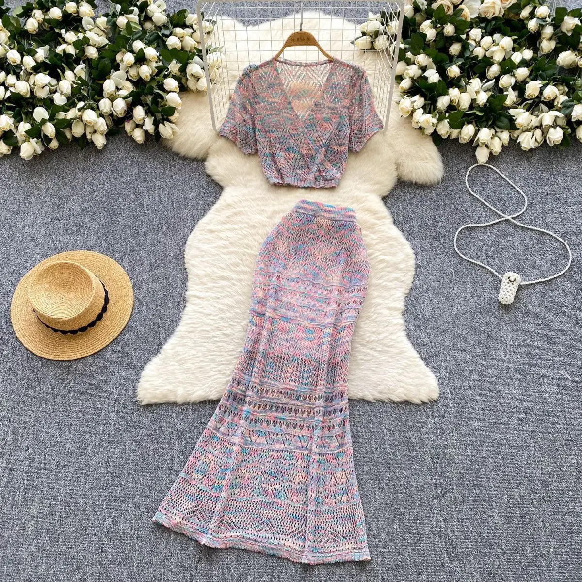 

Women Two Piece Sets Skirt Set V Neck Short Sleeve Knitted Tops Long Skirts A Line High Waist Y2k Streetwear Elegant Splice