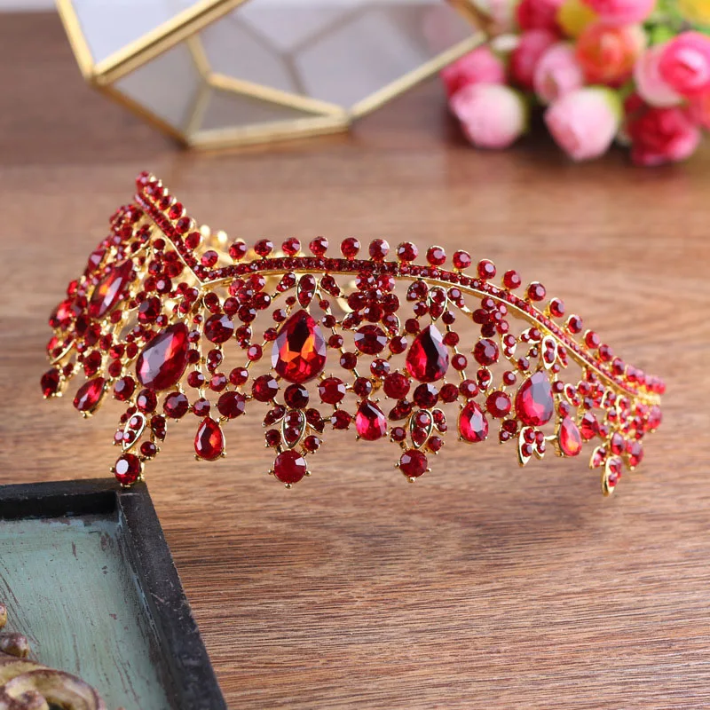 Luxury Gold Color Red Rhinestone Bridal Tiaras Crown Vintage Baroque Crystal Diadem For Bride Headbands Wedding Hair Accessories