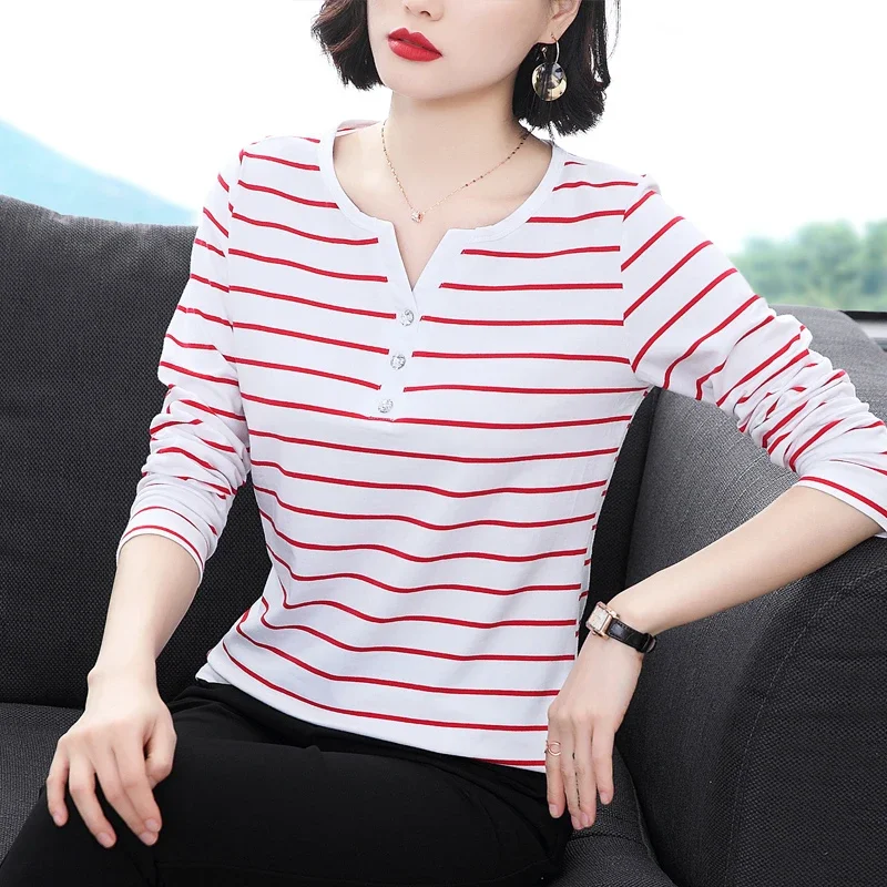 Women Striped Long Sleeve Cotton T Shirt Notch Neck Button Decor Casual Slim Mom Autumn Top