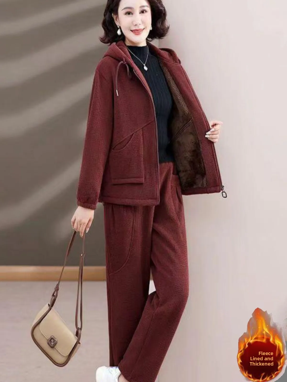 

Thickened Fleece Winter Sportswear Set for Mom Casual Loose Fit Long Pants Hooded Cardigan Stylish Autumn Winter Outfit for M...