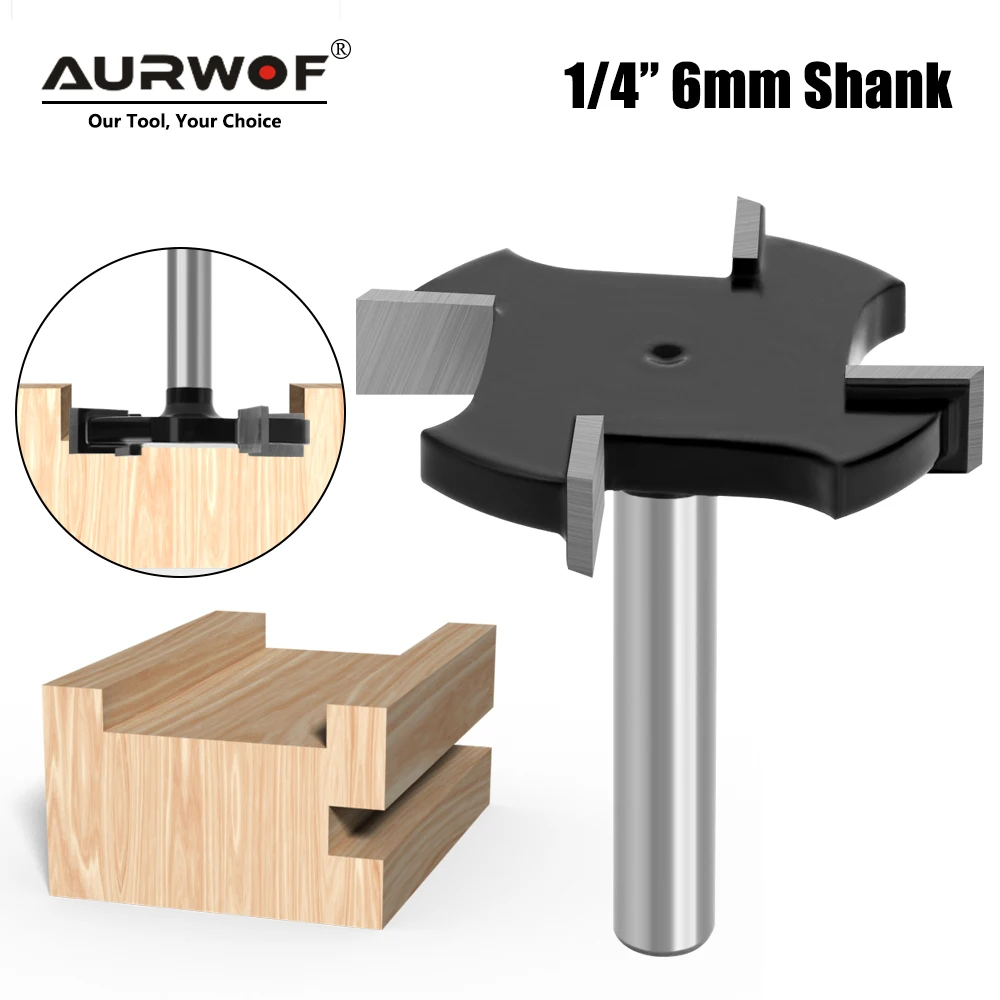 

AURWOF 1pc 1/4 6.35mm Shank 4 Edge T Type Slotting Cutter Woodworking Tool Router Bits for Trimming Machine C07318Z43806BK