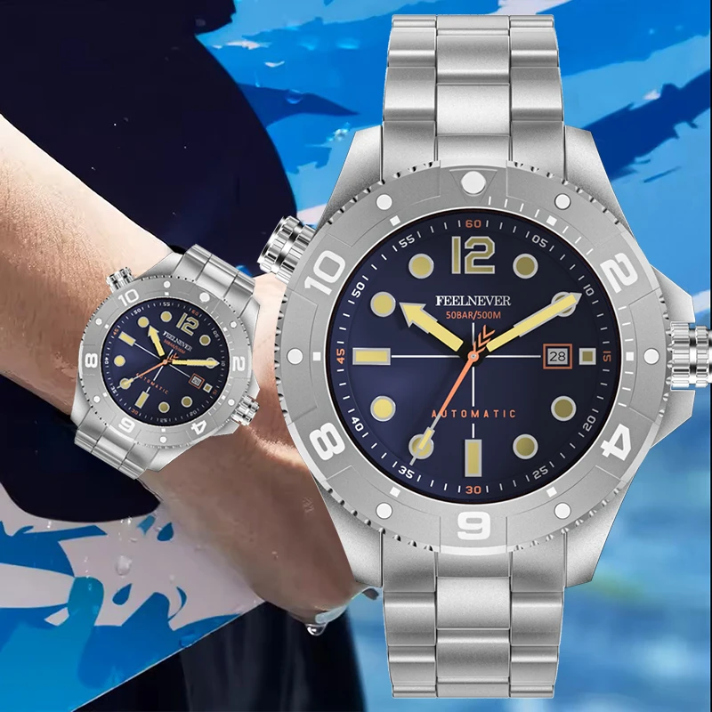 FEELNEVER Automatische mechanische Uhren für Herren, Saphirglas, leuchtend, wasserdicht, Herrenuhr, 316L Edelstahl, Taucheruhr für Herren