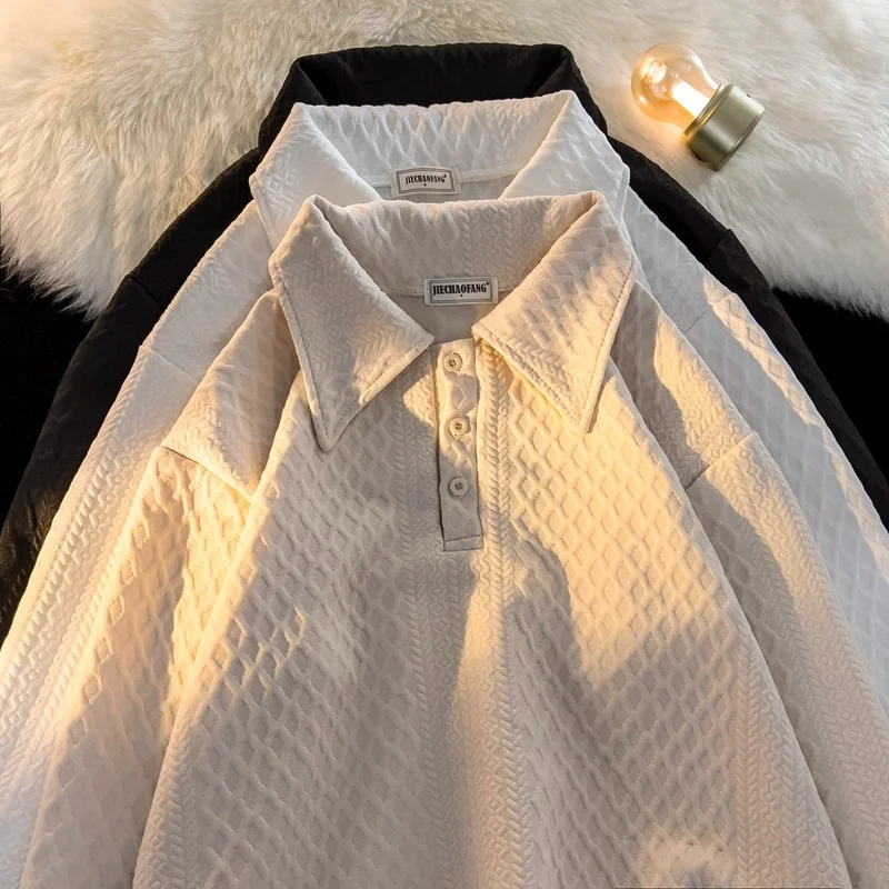 

White Loose Long Sleeve Shirt Men's Sweatshirt Autumn Winter Trendy Brand High-End Feeling Diamond Grid Couple Turn-down...