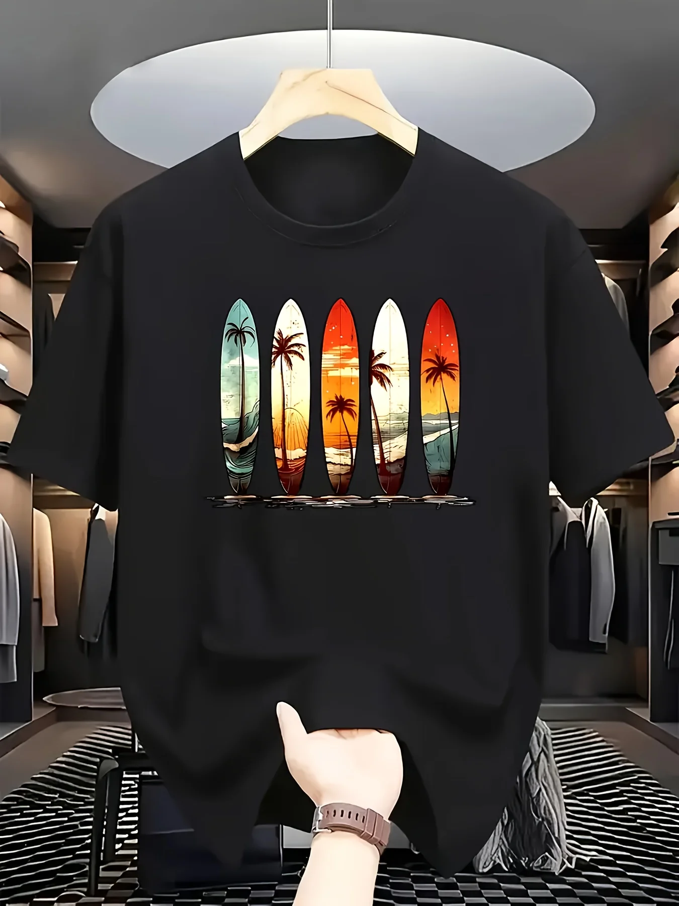 S Retro Surf T‑Shirt With 5‑Panel Vertical Surfboard & Tropical Beach Scenes - Hawaiian Palm Tree Sunset Print, Short Sleeve Casual Summer Shirt For Surfing, Beachwear, Vacation Outfits (Machine Washable)