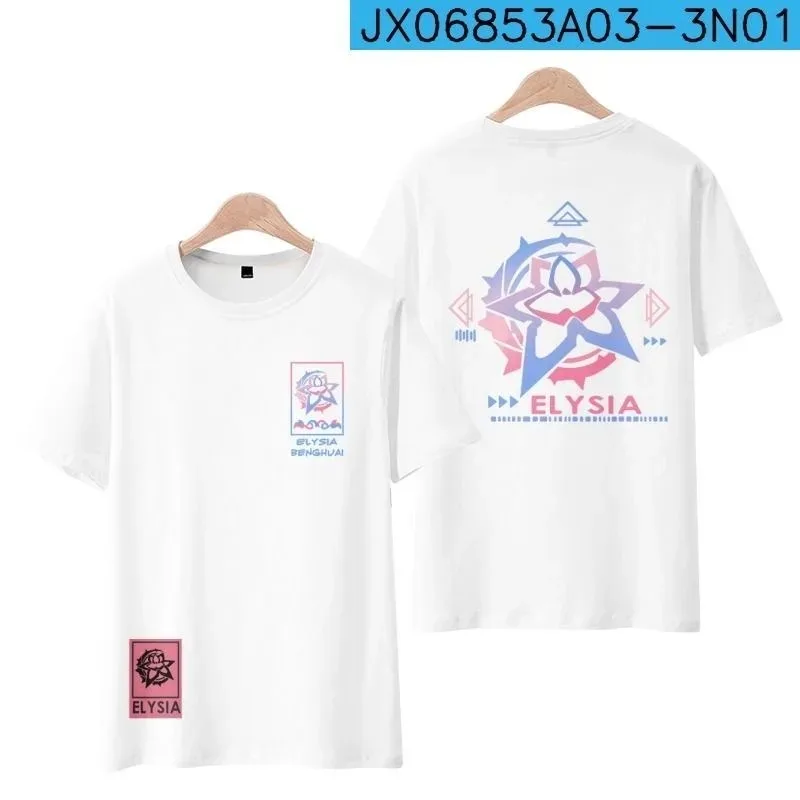 Honkai Impact 3 Elysia 3D T-Shirt z nadrukiem, okrągły dekolt, krótki rękaw, popularna gra Streetwear, moda letnia, Plus rozmiar