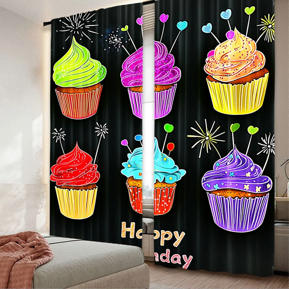 2Pcs Happy Birthday Cupcakes Curtain For School Classroom Birthday Party Decorations Modern Simplistic Drapes