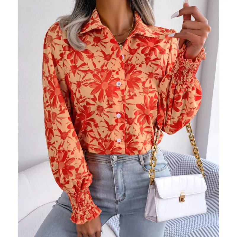 

Leisure Lantern Sleeve Contrasting Flower Lapel Shirt Ladies Slim Long-Sleeved Print Cardigan Blouse Femme Blusas Women