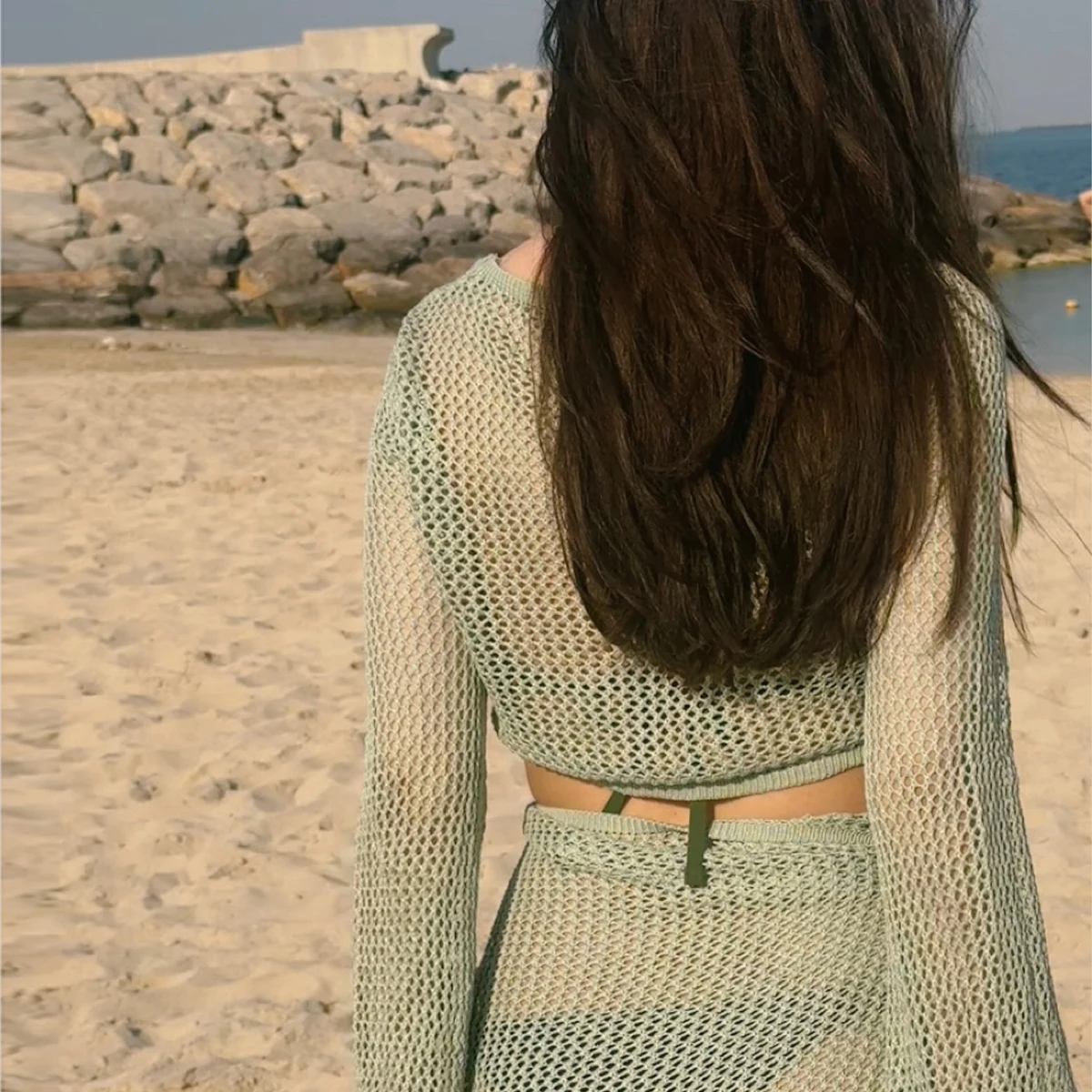 レディースカジュアルニット透かし編みカバーアップセット、長袖ショートトップ＆ワンピーススカート、オールシーズンフィットスタイル