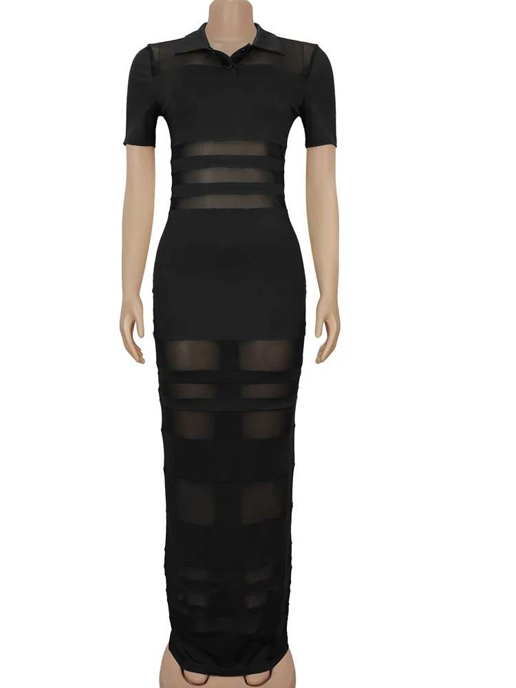 Kricessen nuevo Chic Turn-Down Collars ahueca hacia fuera la malla transparente Patchwork Vestidos largos Vestidos de fiesta elegantes Vestidos de noche vestido