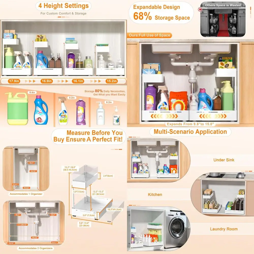 

2-Tier Expandable Sink Organizer with Adjustable Shelves, Smooth Slides for Kitchen, Bathroom, Laundry
