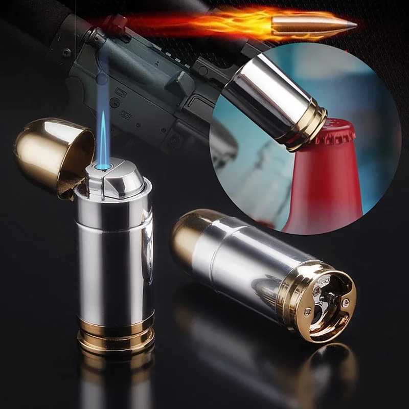 Creative Flashlight Lighter Metal Bullet Shaped Butane Windproof Lighters Men's Cigarette Cigar Carry Beer Bottle Opener Gadget