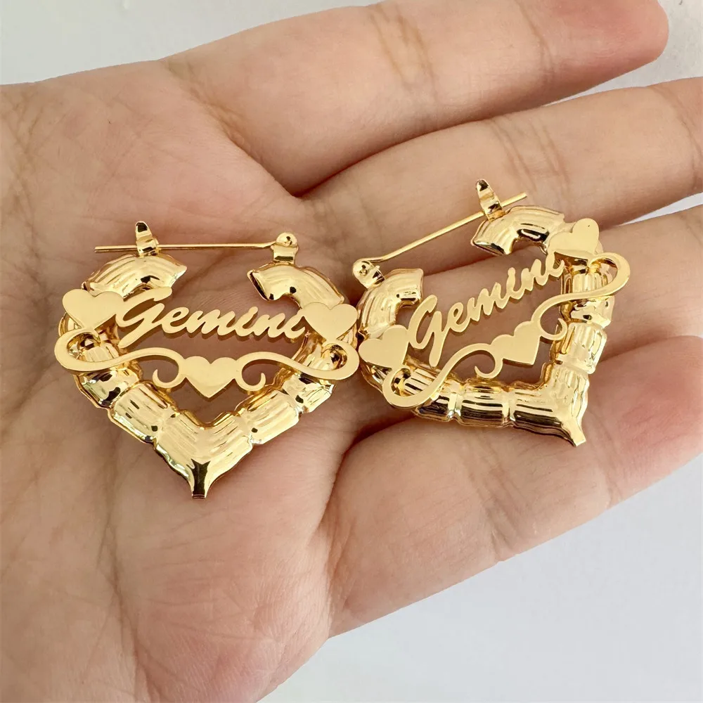 Custom Name Heart Bamboo Earrings Personalized Nameplate Jewelry Bridesmaid Gift for Women Gold Color Boucles D'oreilles Girls