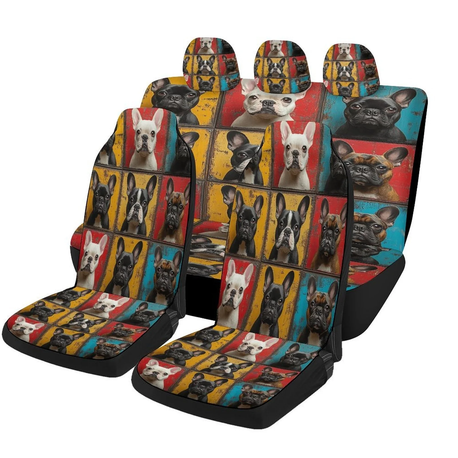 Set Of Car Seat Covers Featuring A Grid Design Of French Bulldogs, Suitable For Various Vehicles. Stylish And Breathable, These